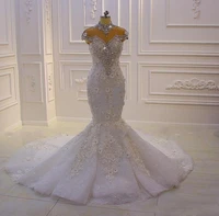 luxury african wedding dress mermaid high neck lace up rhinestone crystal 3d floral appliqued bridal gowns vestidos de novia