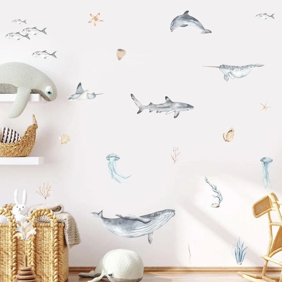 

Whale Shark Dolphin Starfish Jellyfish Watercolor Wall Stickers Removable Vinyl Wall Decal Mural Nursery Kids Room Home Decor