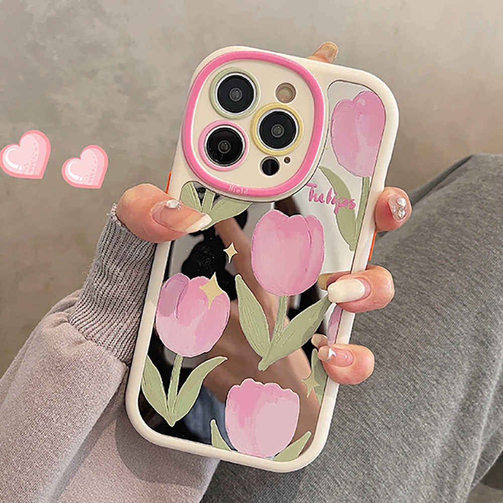 

Fashion Pink Tulips Makeup Mirror Letters Lovely Flowers Phone Case For iPhone 14 11 12 13 Pro Max Shockproof Soft Back Cover