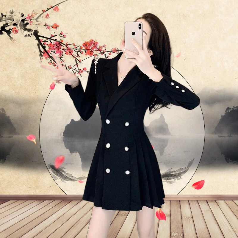 

COIGARSAM Women Spring 2022 French Style Long Sleeve Black Dress Dropshipping