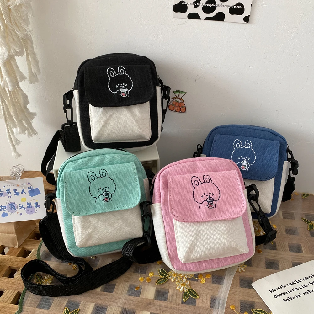 

Cute Bunny Women Cartoon Printing Contrast Color Canvas Crossbody Shoulder Messenger Bag Casual Ladies Mini Handbags Flap Purses