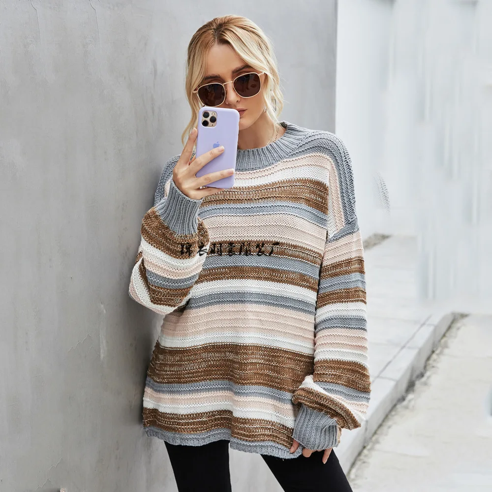 

2022 autumn winter new European and American pullover large size women's sweater knitted stitching sweater women