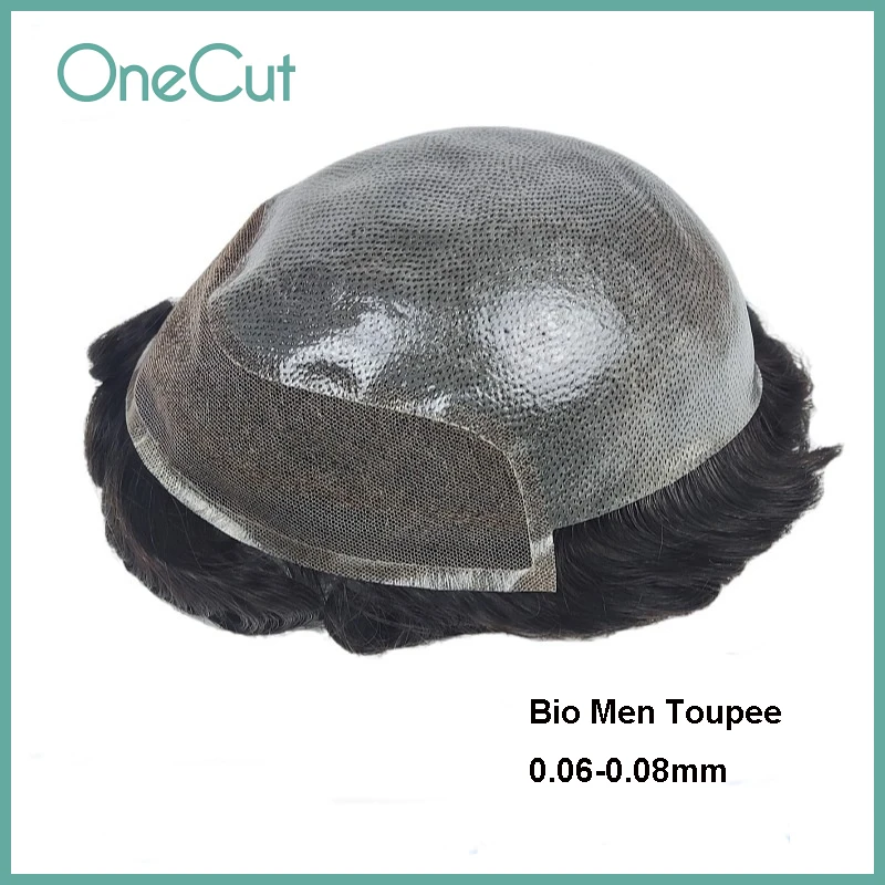 Bio 0.06-0.08mm Lace & PU Base Men Capillary Prothesis Hair Systems Hair Replacement Men Toupee Natural Hairline Remy Hair Wigs