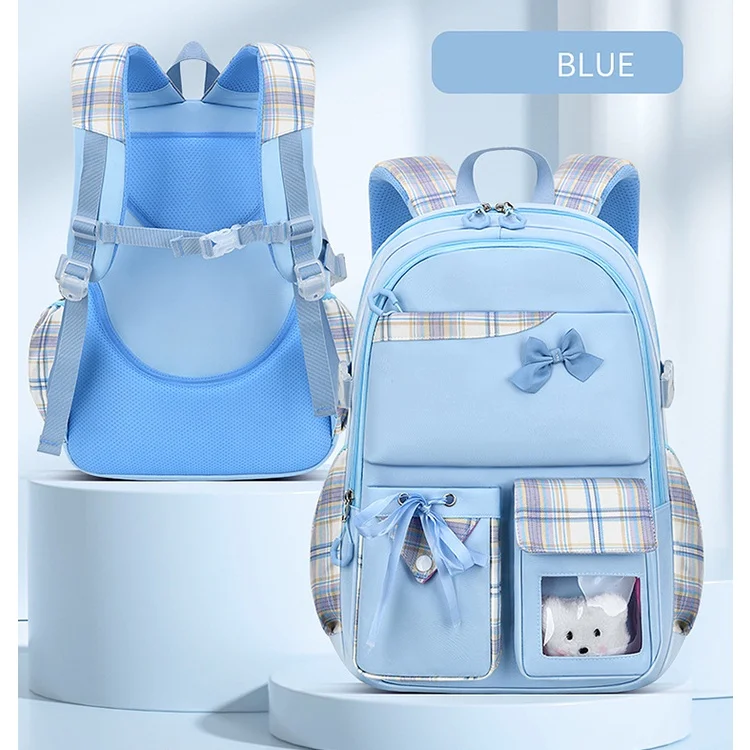 Grade 1-6-9 Primary Secondary School Students Leisure Lattice Backpacks New Girl Bow Bear Simple Silk Ribbon Bags All-match Hot