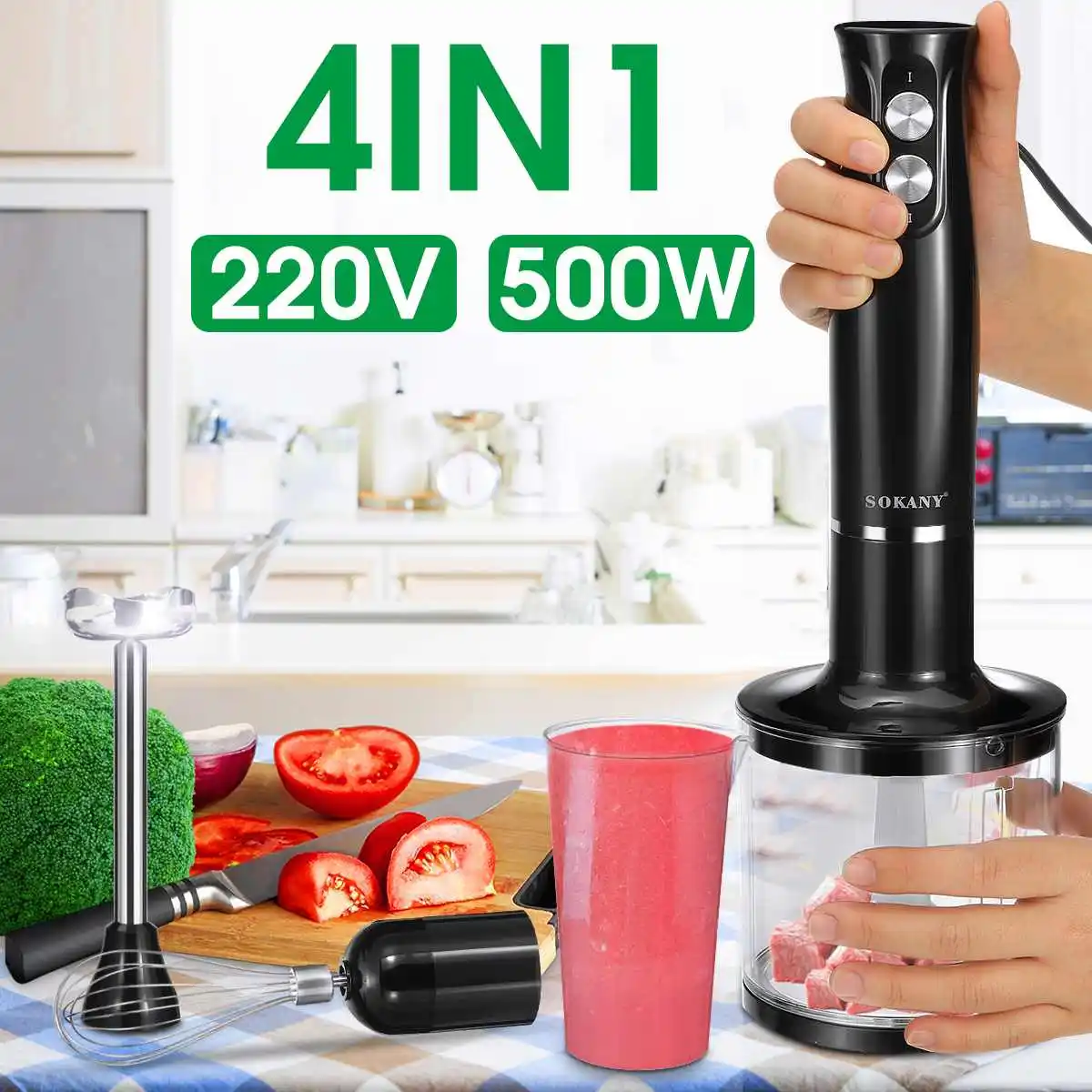 

4-in-1 500W Blender 2 Speeds Stainless Steel Hand Stick Mixer Eggs Beater Household Vegetable Juicer Grinder With 700ml Beaker