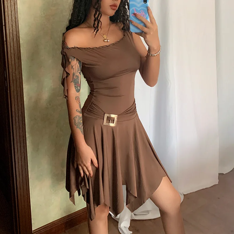 

European And American Summer New Women's Fashion Spicy Girl Oblique Shoulder Irregular Hemline Waist Pulling Dress
