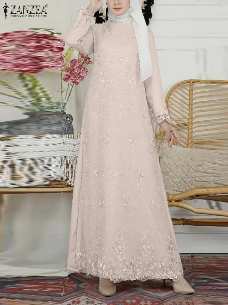 

2022 ZANZEA Lace Muslim Dress Stylish Women Autumn Sundress Long Sleeve Jilbab Abaya Maxi Vestidos Female Patchwork Robe Femme