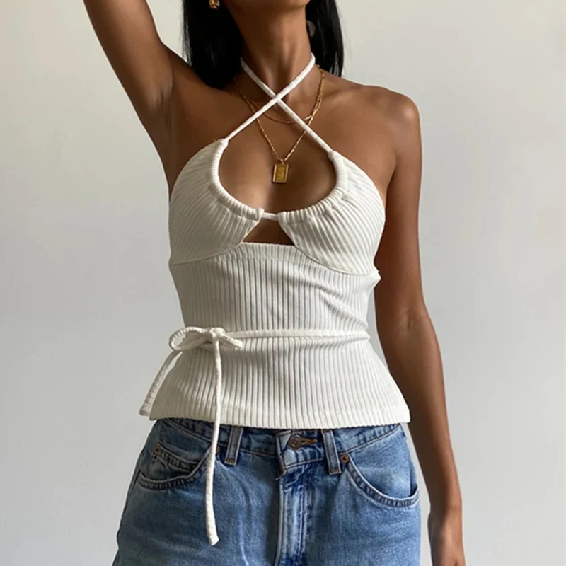 Женский ажурный топ без рукавов сексуальный укороченный в рубчик с открытой