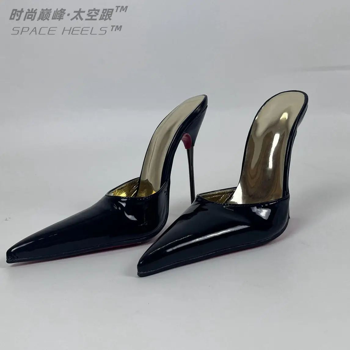Seek Mate Space Heel 14cm European and American Customized Pointed High Heels Sexy Men's and Women's Shoes Red Sole Black Patent