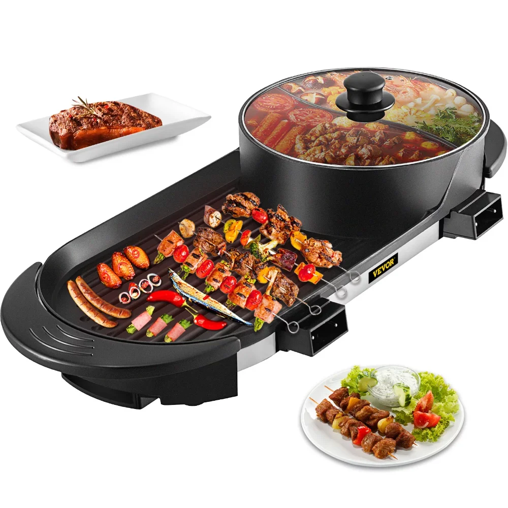 

2 in 1 Electric Hot Pot and Grill, 2200W Separate Dual Temperature Control Electric Skillet, 5 Speed for Indoor Korean BBQ