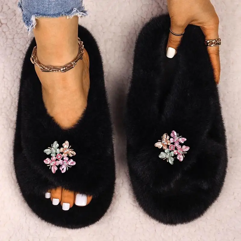 Winter Autumn Flip Flops Women Soft Comfortable Home Shoes Alloy Colorful Leaves Female Slippers Flats Faux Fur Furry Slides