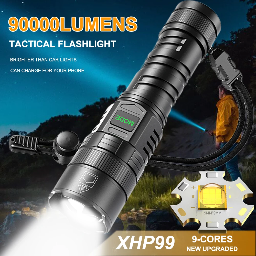 90000 Lumens Super Bright Flashlight High Power XHP99 Type C USB Rechargeable Zoomable Handheld Torch Light Tactical Lantern