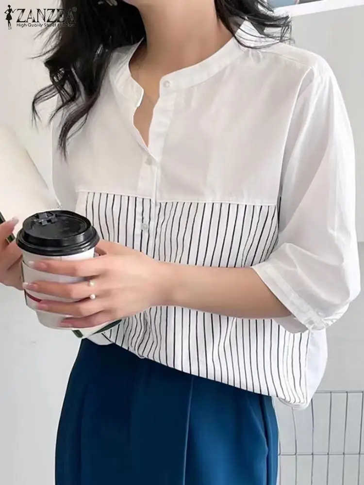 

ZANZEA Fashion Summer 3/4 Sleeve Patchwork Blouse Elegant Women Striped Shirt Buttons Down Blusas Female OL Work Tops Chemise