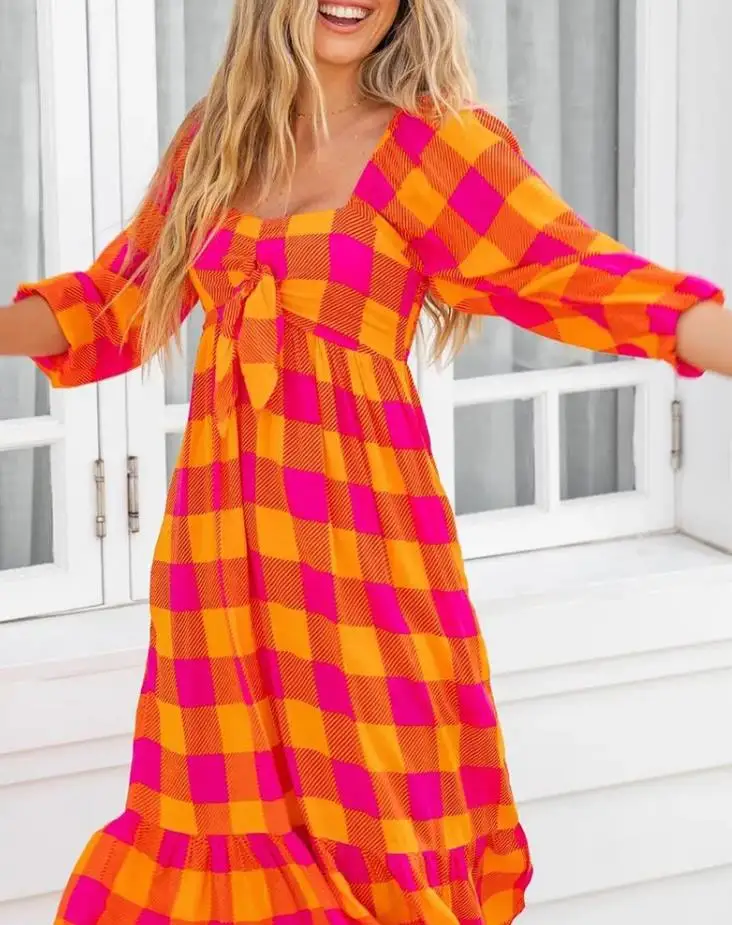 

Dresses for Women 2022 Summer Plaid Print Colorblock Puff Sleeve Ruffles Casual Square Neck Half Sleeve Midi A Line Daily Dress