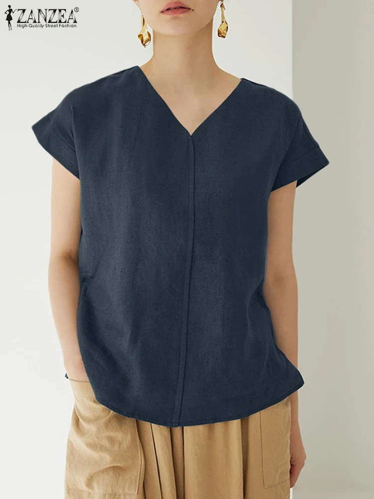 

Модная офисная рубашка ZANZEA, летняя элегантная однотонная блузка, Женская туника с коротким рукавом, женские повседневные Большие размеры