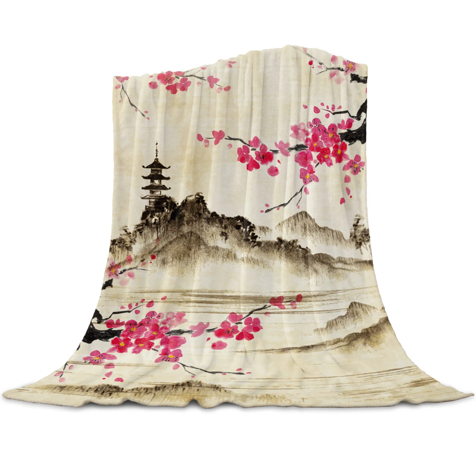 

Chinese Style Ink Painting Flowers Landscape Blanket Flannel Winter Sheet Bedspread for Bed Sofa Travel Fleece Throw Blankets