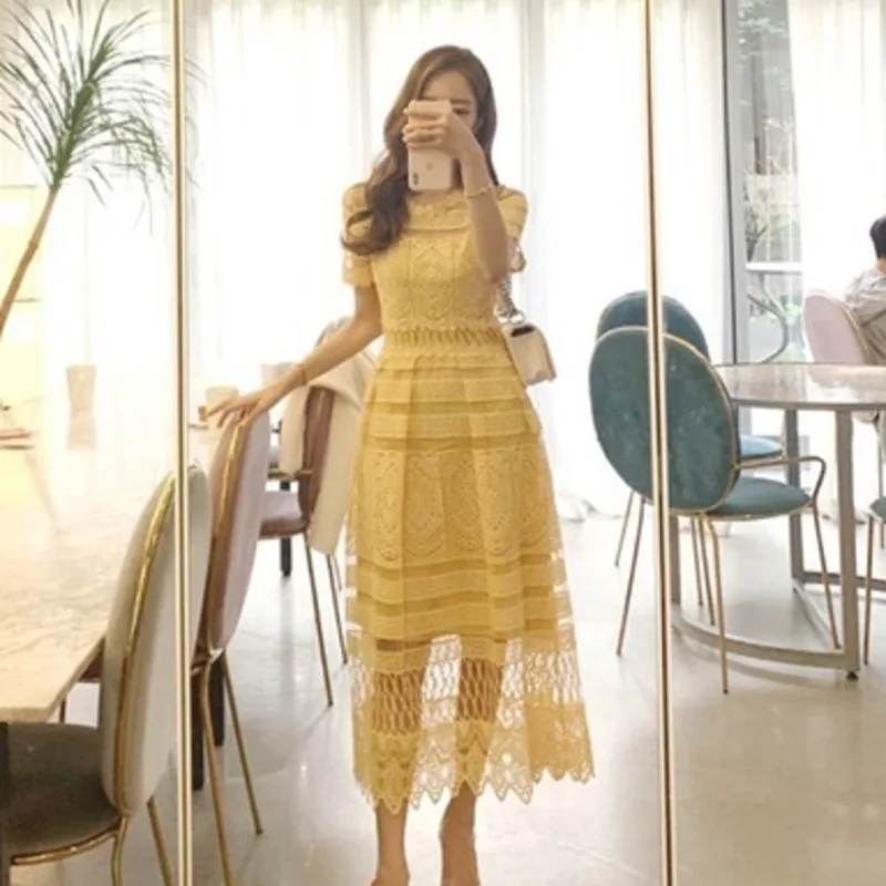 

Fashion Summer Hollow Out Lace Dress Women Short Sleeve Holidays Big Swing Long Dresses Casual Sweet Yellow Dress