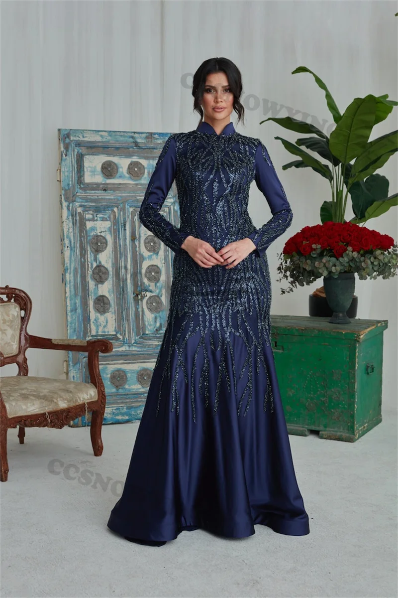 

Luxury Sparkly Sequin Muslim Evening Dresses Long Sleeve Islamic Formal Party Gowns High Neck Women Arabic Robes De Soirée