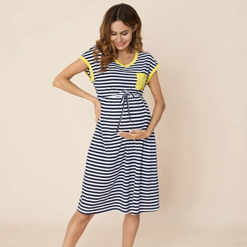 Summer Fashion Maternity Dresses Pregnancy Clothes Plus Size Dress Cotton Sleeveless Striped Boat Neck Casual Maternity Clothes