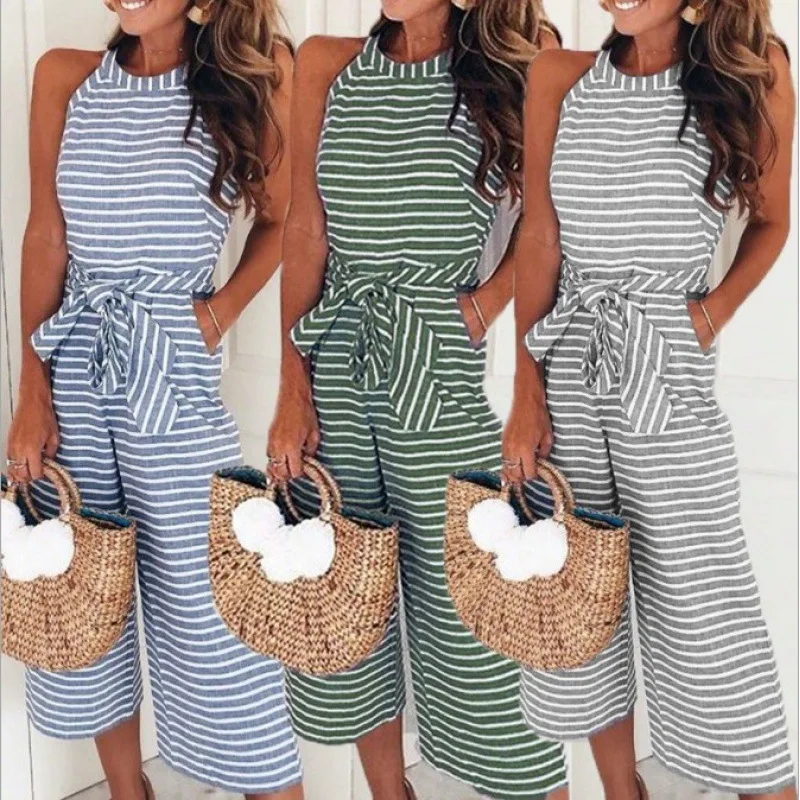 

Stylish Slim Fit Lace Up Sexy Striped Crewneck Jumpsuit