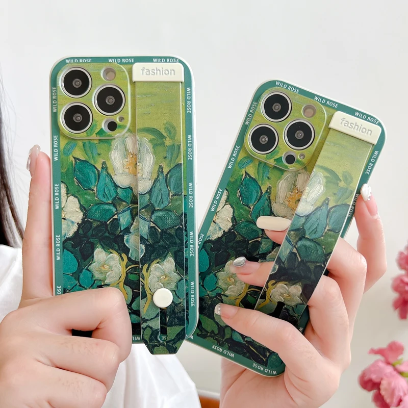 

White Rose Flower Wrist Strap Phone Holder Case For iPhone 13 11 12 Pro Max XS XR X Beautiful Case Soft Cover