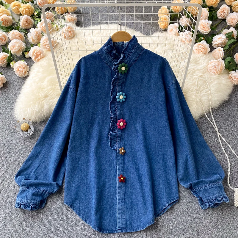 

SuperAen Spring 2022 New Solid Retro Flower Button Stand Full Casual Denim Shirt Womens Tops