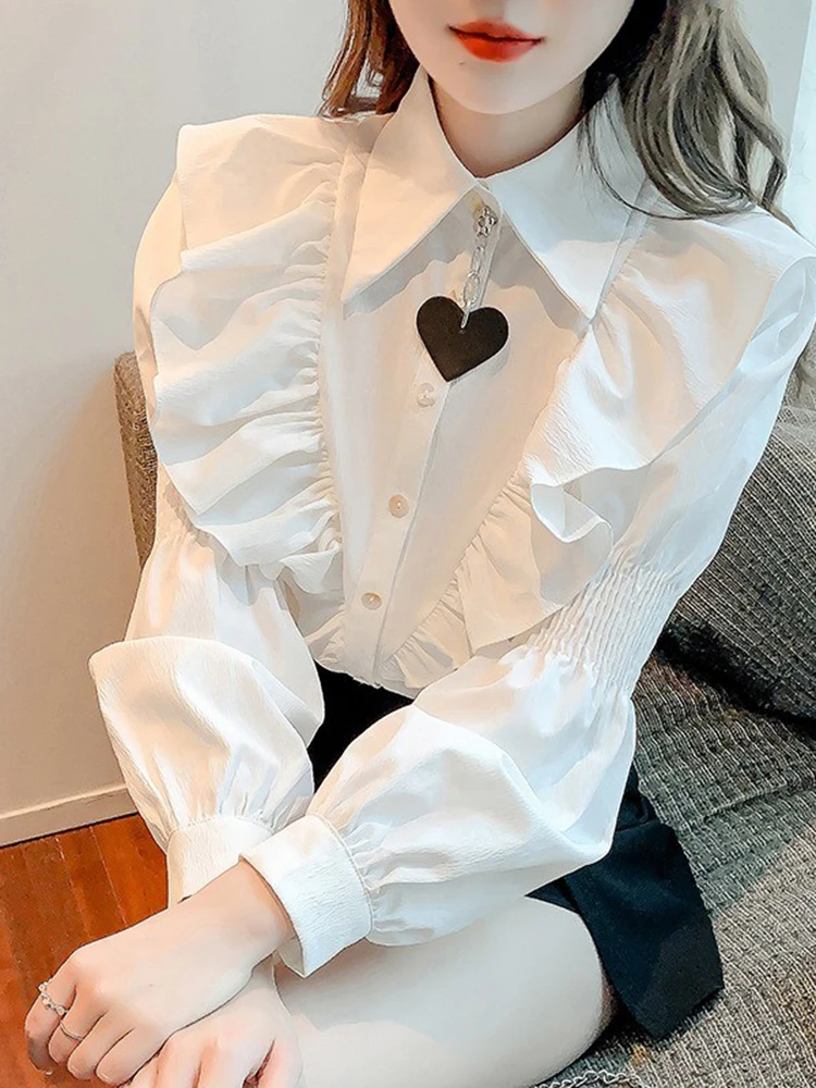 

Preppy Style Ruffled White Long-Sleeved Blouse for Women 2023 Spring Autumn New Clothes Loose Temperament Love Button Shirt Top