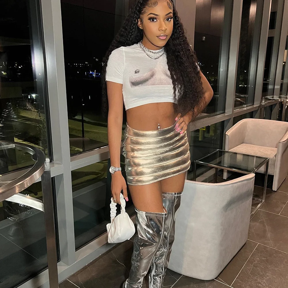 Women's 2023 spring and summer new fashion skirt anti-splash zipper glossy personality filled cotton half skirt women