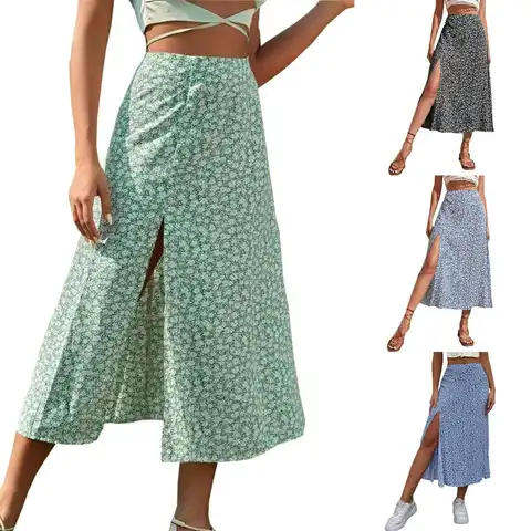 Women Skirts High Waist Front Split Floral Print A-Line Wrap Hip Party Midi Skirt BNS-J99221
