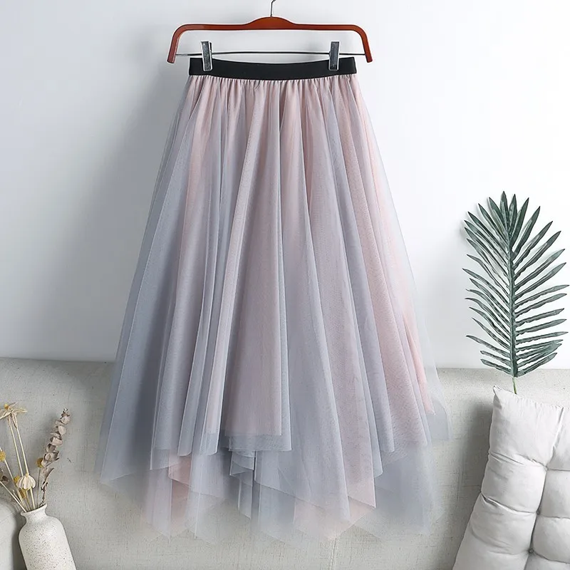 

Irregular contrast color fat mm mesh skirt large size drape a-line mid-length plus size women's gauze skirt