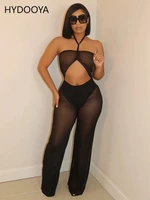 sheer mesh see through jumpsuit women 2022 new off shoulder halter backless wide leg rompers midnight cut out one piece overalls