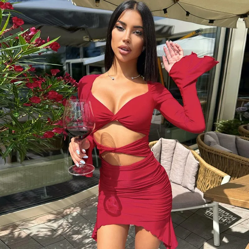 

Beach Pareo For Women Swimwear 2023 Cover Up Female Dress Sexy Bra Long Sleeve Wavy Hollowed Out Pleated Skirt Solid Spandex
