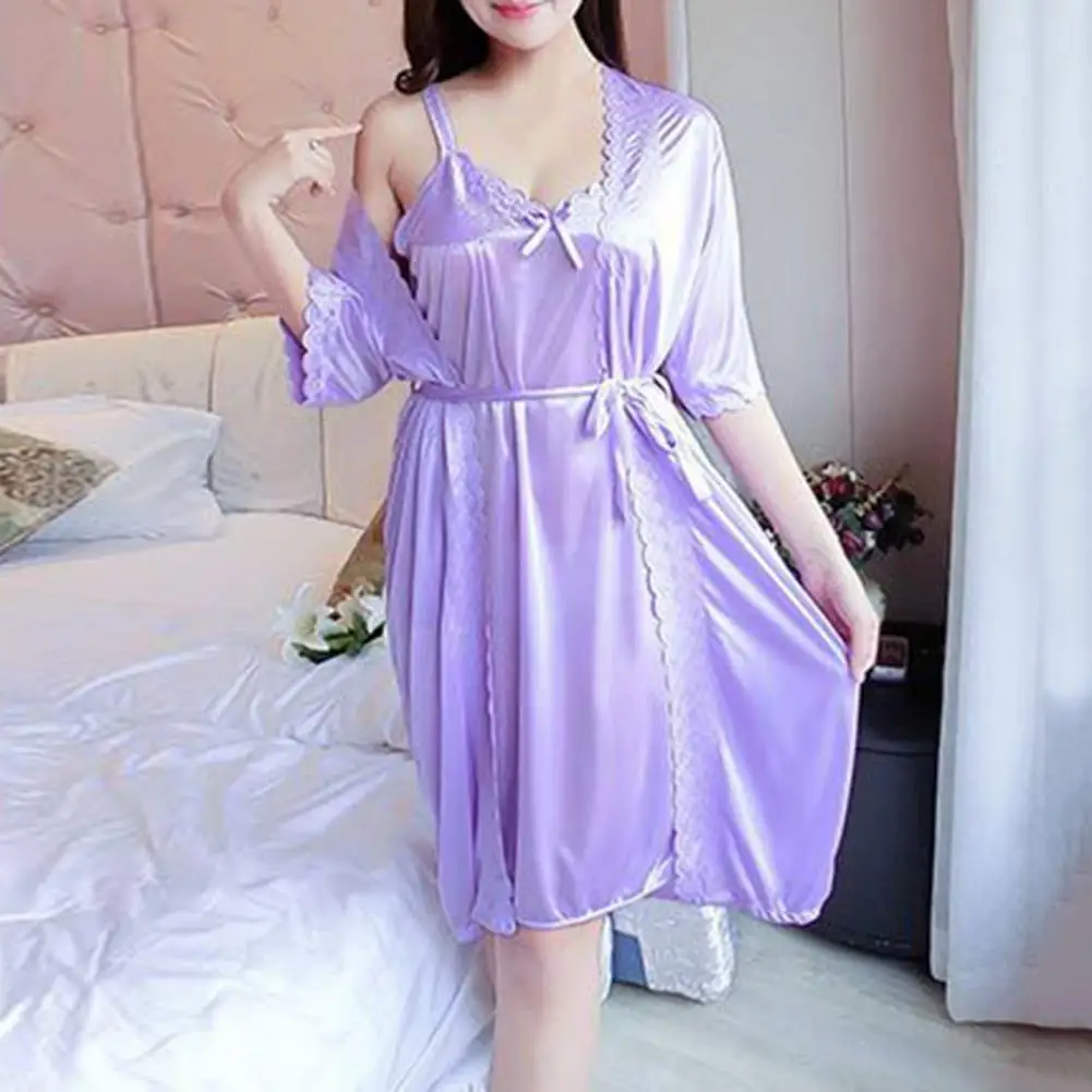 Ночная рубашка из двух предметов Пижама с V-образным вырезом цветочный край бант