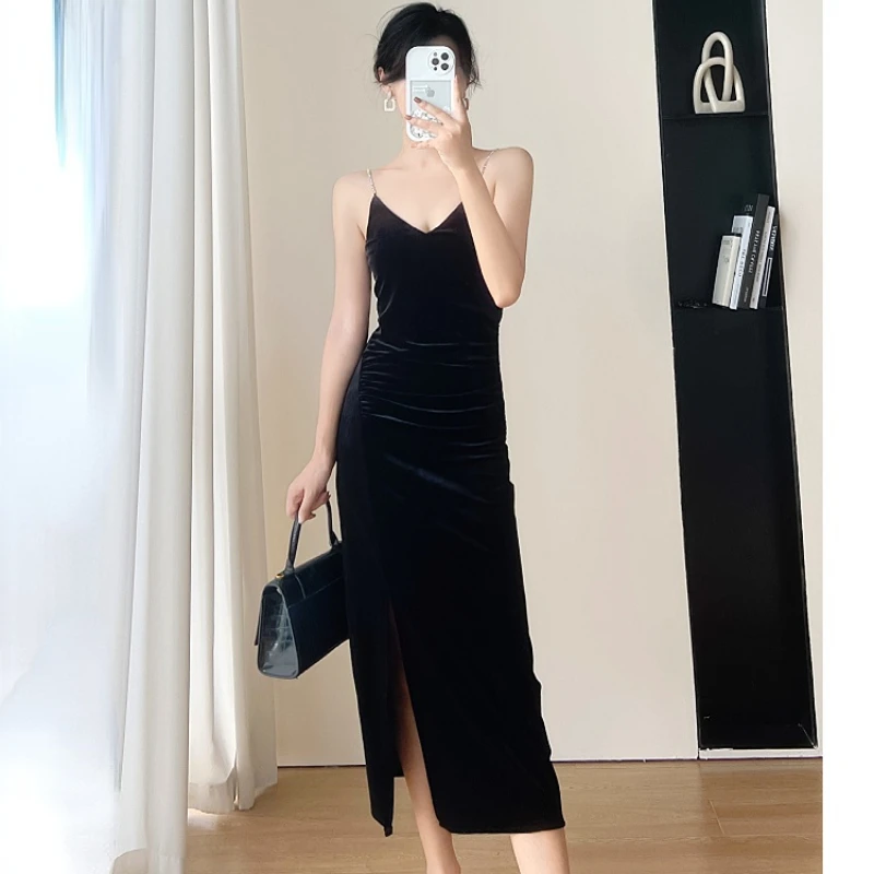 

High Street Corduroy Evening Dresses for Women 2022 New In Empire Korean Casual Summer Slim Fit Party Dress Split Long Sleeve