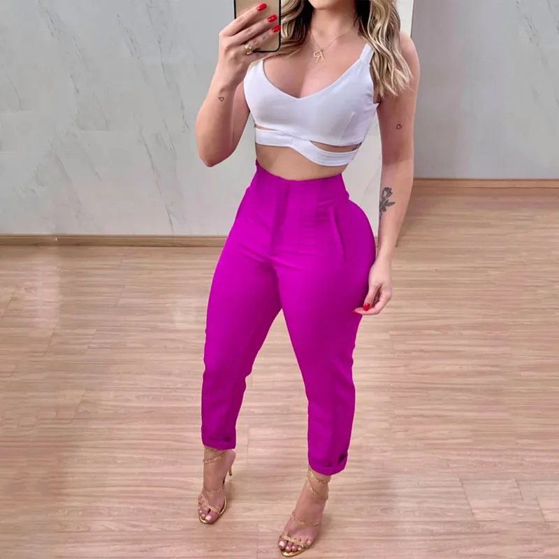 

Модный женский брючный комплект, лето 2023, однотонный спортивный стиль, топ без рукавов, повседневный Женский комплект из двух предметов