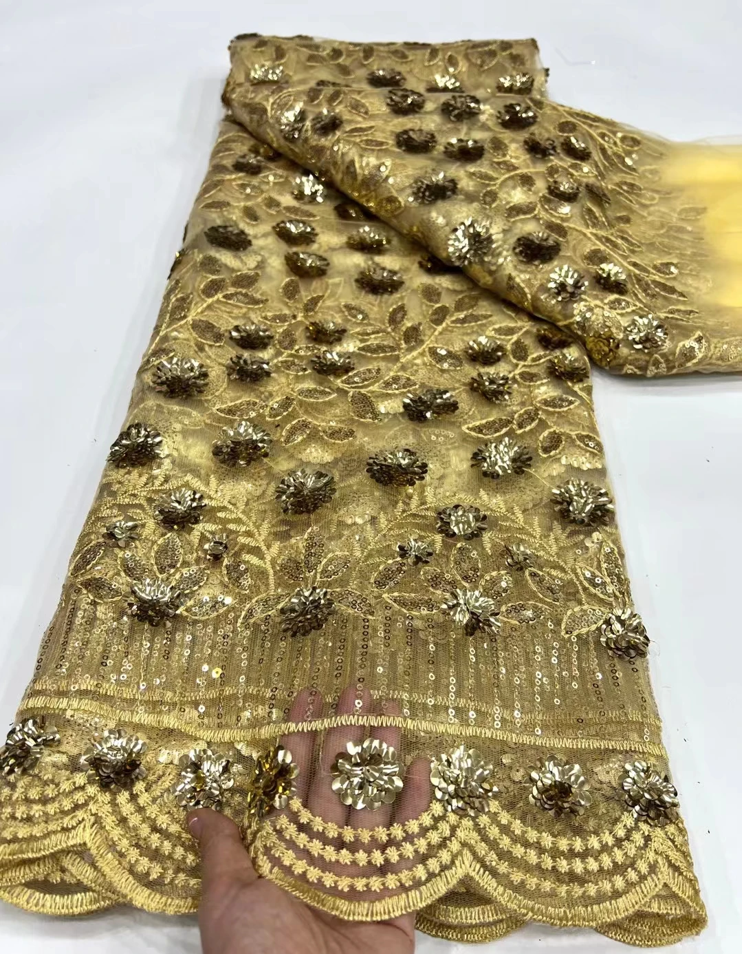 

2023 Yellow French 3D Sequins Lace Fabric For Evening Fashion African Nigerian Lace Fabric For Woman Party Dress Sewing KHD23128