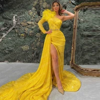 sexy glitter bead sequin yellow prom dresses with feather sweep train sashes asymetrical one shoulder celebrity 2022 party gown