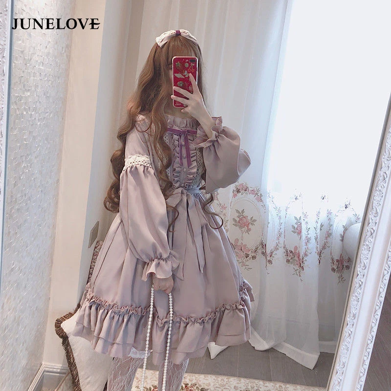 

Alice In Wondeland Cute Women Lolita OP Dress Flouncing Lace Trim Japanese Harajuku Long Sleeves Doll Teen Dress Fairy Vestidos