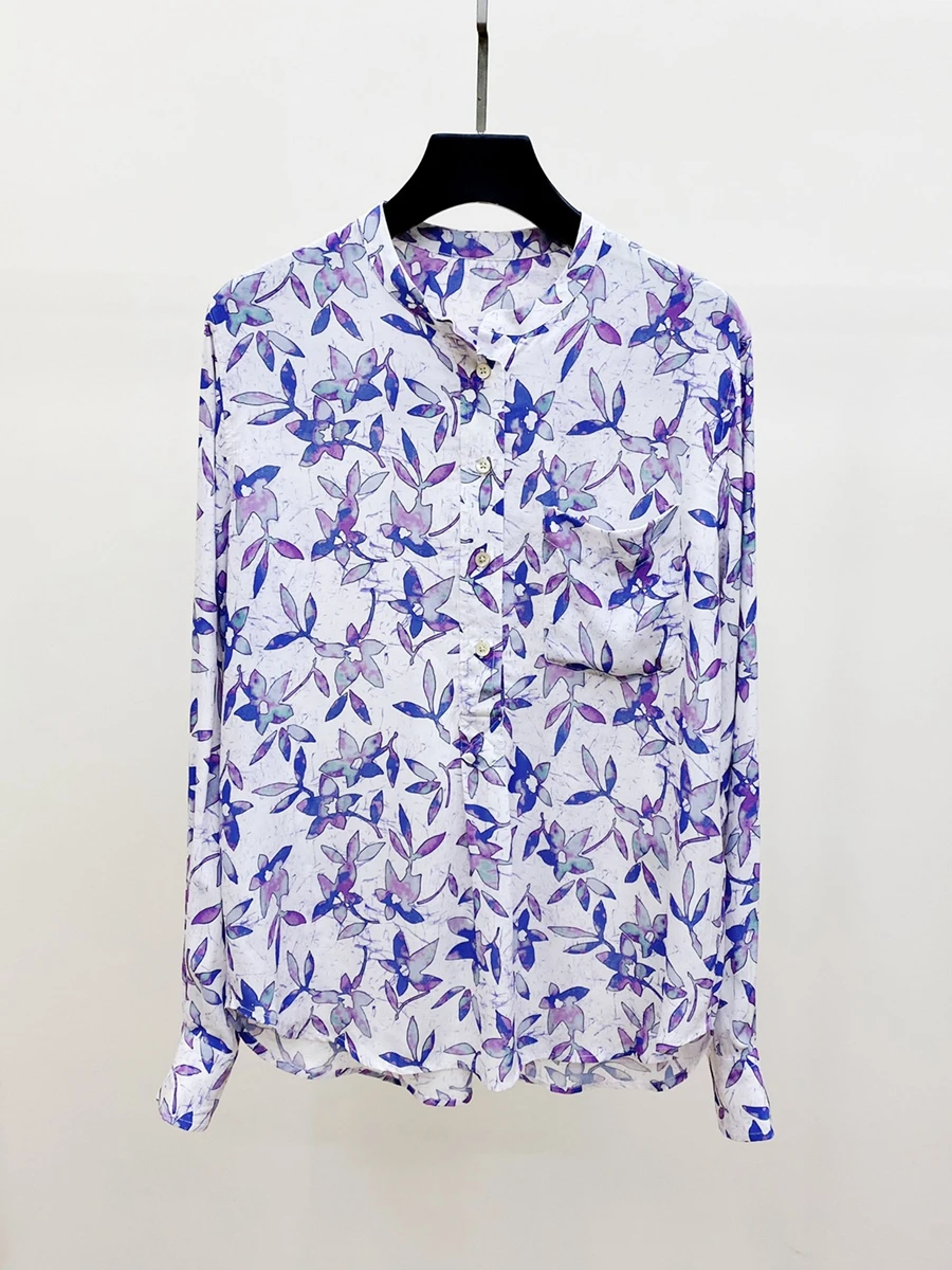 2022 Spring New Floral Print Stand Collar Shirt Elegant Women Shirt