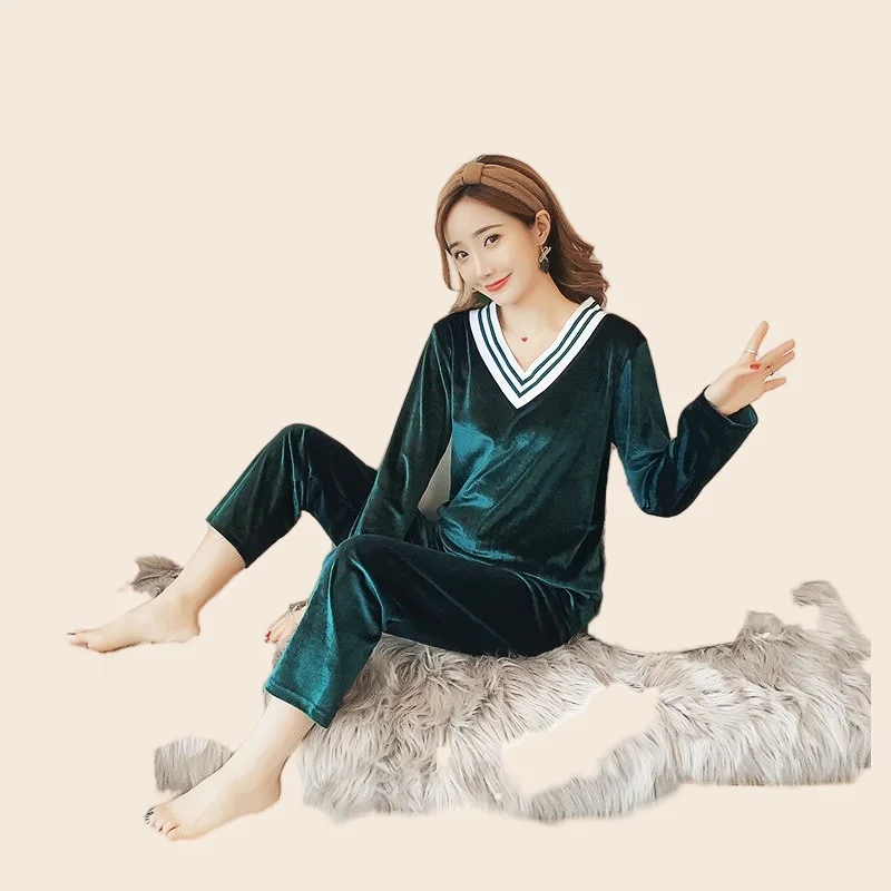 Velvet Pajamas Set Full Sleeve T-shirt Long Pants 2Piece/Set Soft Pyjama Big Size Mom Sexy V-Neck Homewear Cozy Plus Sleepwear