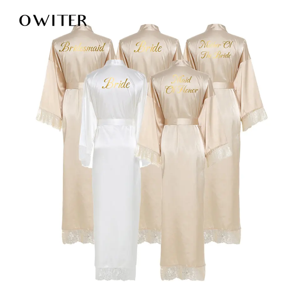 Owiter Silk Satin Lace Robe Bride Robe Bridesmaid Robes Women Wedding Long Robe Bathrobe Sleepwear White Robes