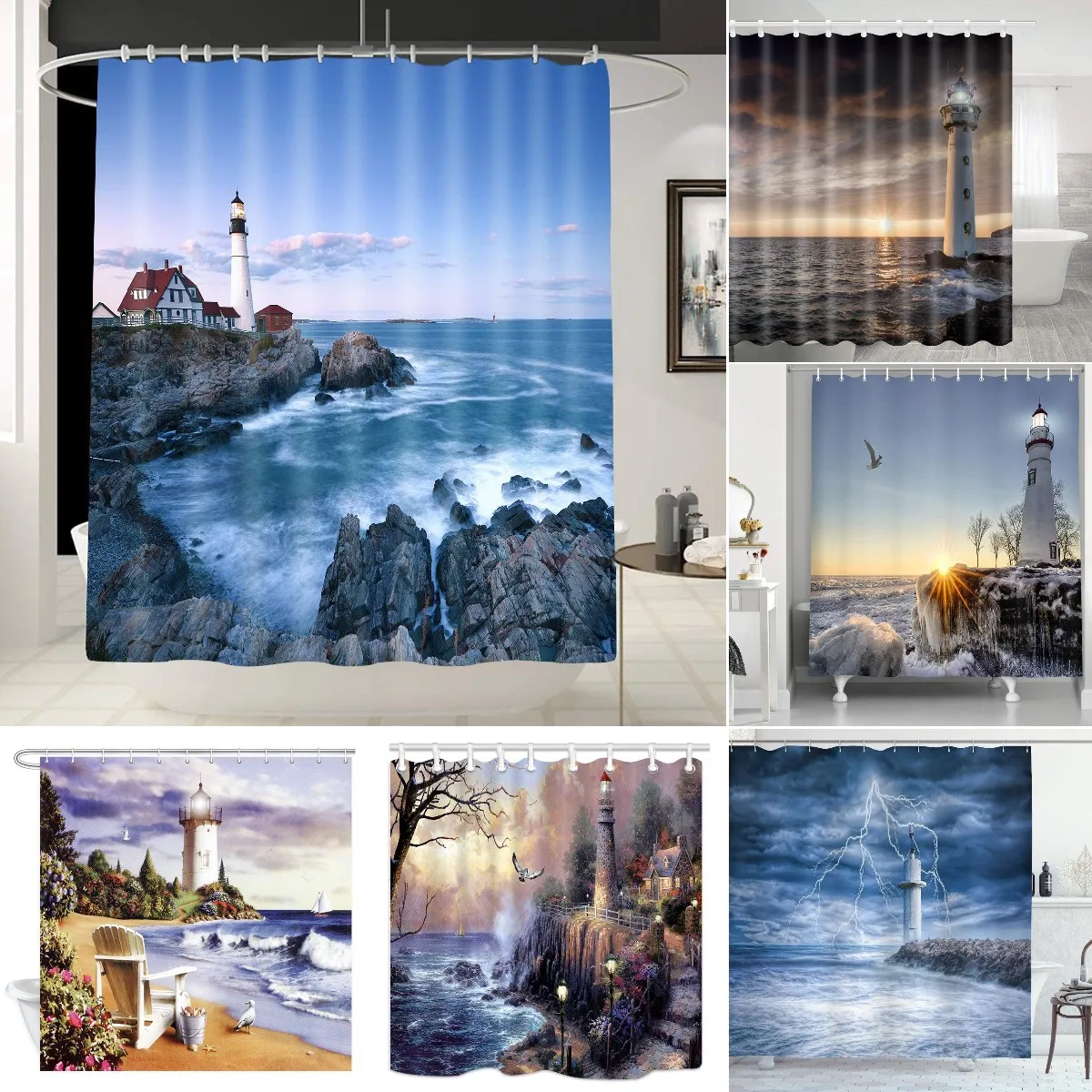 

Seascape Wall Decor Portland Head Lighthouse Shower Curtain Landscape Artwork Tropical Ocean Art Curtain for Bathroom with Hooks