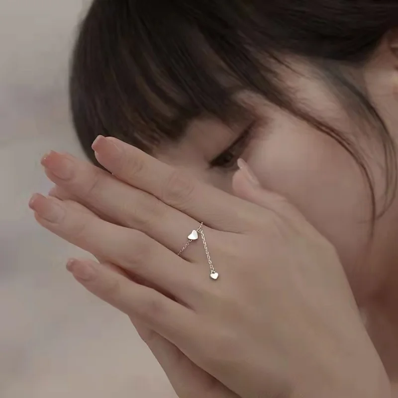 Fashion Simple Heart Adjustable Silver Chain Pendant Ring Women's Romantic Round Geometric Ring Female Girl Finger Jewelry