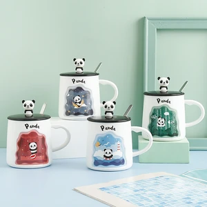 Cute Panda Milk Cups with Lid and Spoon Ceramic Cartoon Kids Wate Cup 380ml Home Drinkware Creative Coffee Mugs