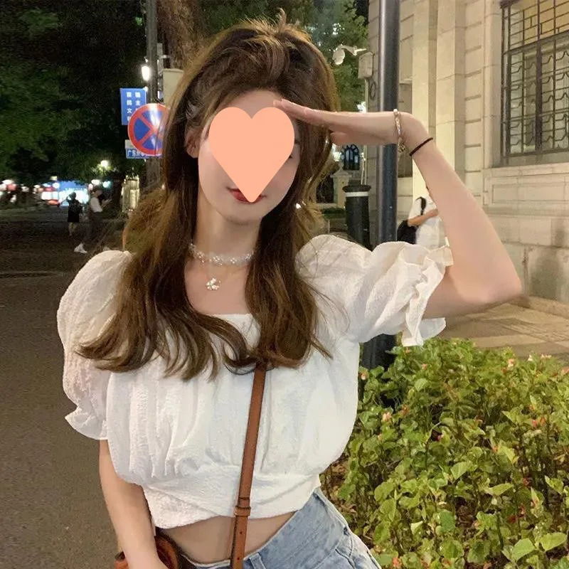

2023 Square Collar Sexy T-shirt Women Fashion Puff Sleeve Female Short Tops Slim Black White Tees Women's Clothing Chiffon Shirt