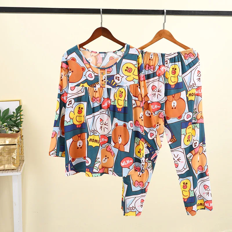 Cotton Silk Long-sleeved Printed Pajamas Women's Home Service Summer Long-sleeved Cotton Suit Sleepwear Women