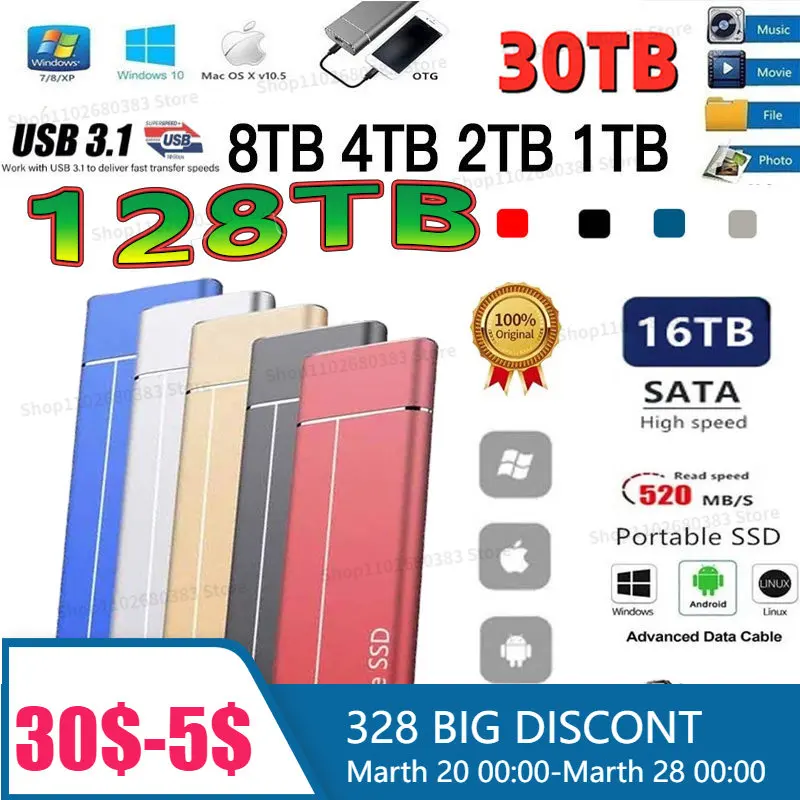 

2023 Original SSD 128TB Usb Portable External Hard Drive 64TB 32TB 16TB 8TB 4TB Drive Storage Device Hard Drive Laptop USB 3.1