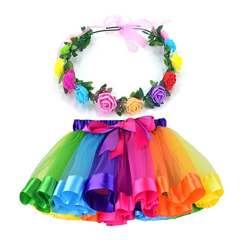 

Layer Rainbow Ballet Tutu Skirt with Flower Wreath Headband Princess Rainbow Theme Party Dress Up