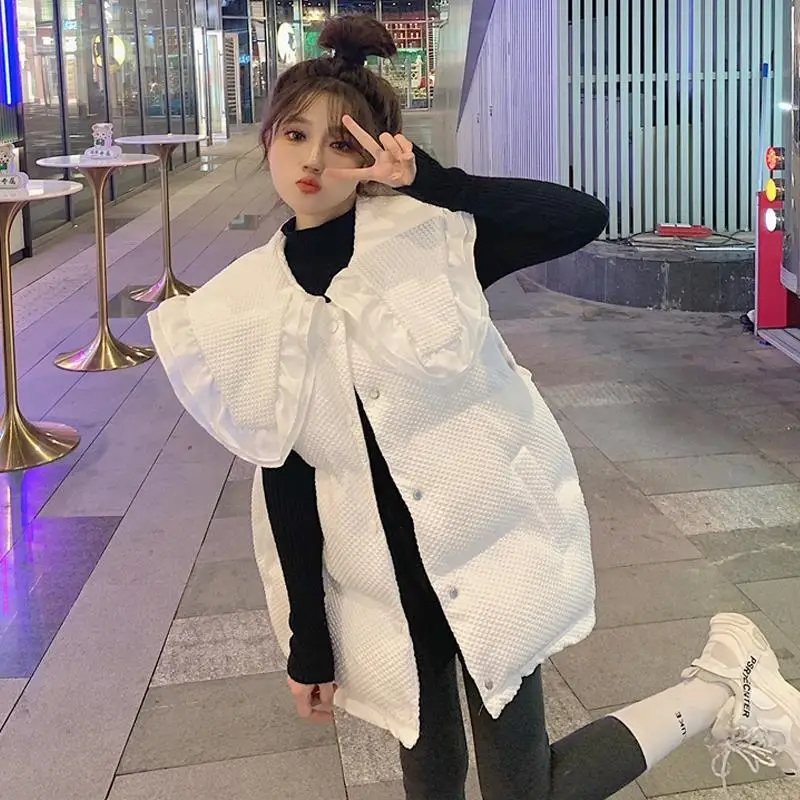 

Autumn Winter New Sweet White Loose Vest Doll Collar Solid Color All-match Youth Jacket Coat Cute Fashion Trend Women Clothing