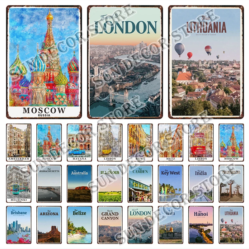 Металлический плакат со знаком из комиксов, известный город Гавана, Лондон, Литва, скандинавский стиль, настенное искусство, картина, домашний декор, 20x30 см